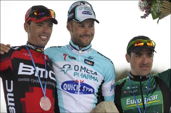 Smiles on the podium for Ballan, Boonen and Turgot