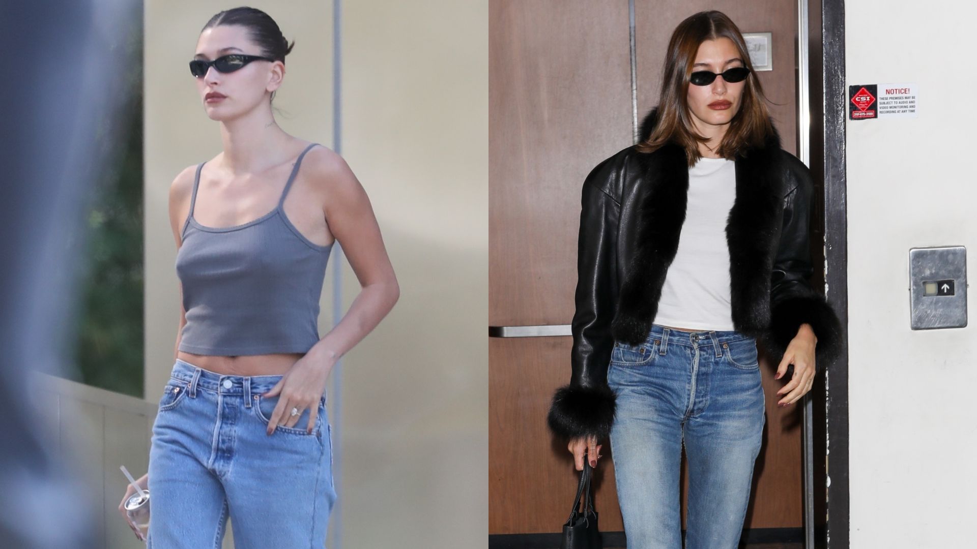 Hailey Bieber wears stove pipe jeans with black pointed-toe heels and a grey tank top.