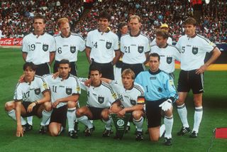 LONDON, ENGLAND - June 30: German Team Group (BR) Thomas Strunz, Matthias Sammer, Markus Babbel, Dieter Eilts, Thomas Hassler, Thomas Helmer, (FR) Christian Ziege, Stefan Kuntz, Mehmet Scholl, Jurgen Klinsmann, Andreas Kopke before the UEFA Euro 1996 Final match between Czech Republic and Germany at Wembley Stadium on June 30, 1996 in London, England. (Photo by pool /Sportsphoto/Allstar via Getty Images)