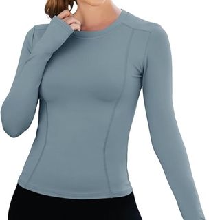 amazon seamless workout long sleeved top in blue/grey