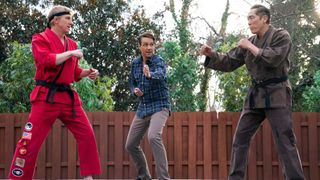  (L to R) William Zabka as Johnny Lawrence, Ralph Macchio as Daniel LaRusso, Yuji Okumoto as Chozen in Cobra Kai season 6