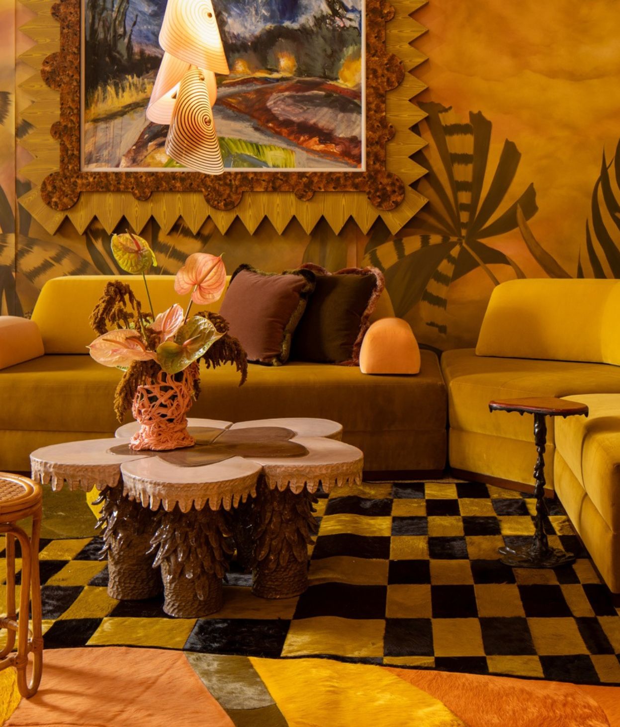 a yellow and black room with organic textures and zig zag pictured frame