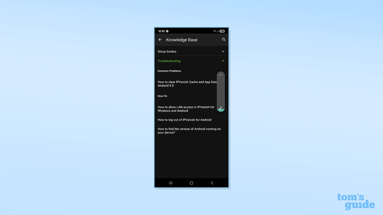 IPVanish's knowledge base tab on its Android app
