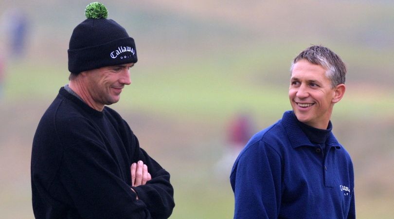 Alan Hansen and Gary Lineker share a joke at a golf tournament in October 2001.