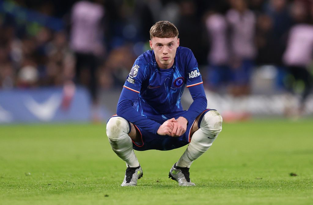 LONDON, ENGLAND - FEBRUARY 25: Cole Palmer of Chelsea looks on after a missed chance on goal during the Premier League match between Chelsea FC and Southampton FC at Stamford Bridge on February 25, 2025 in London, England. (Photo by Julian Finney/Getty Images)