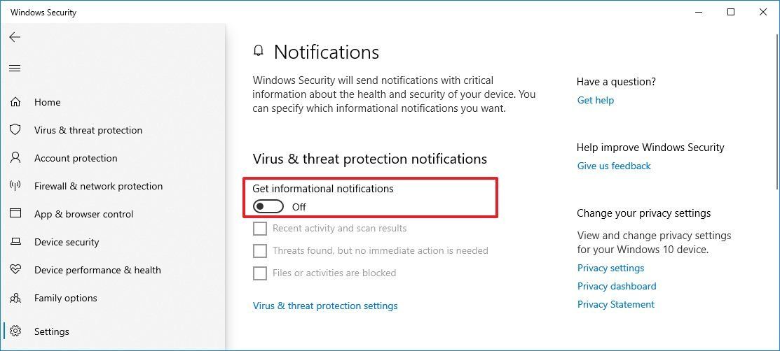 How to manage notifications for Windows Security features on Windows 10 ...