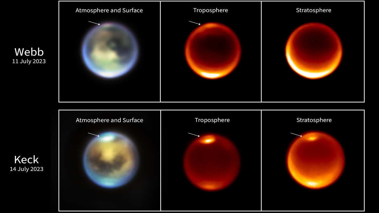 three images of an orb; one is blue and green and two are red lined with whites and oranges along their edges