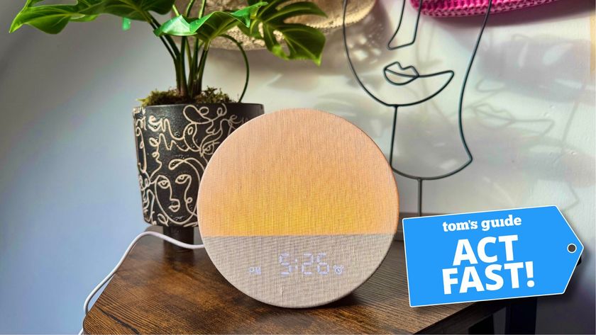 The Dreamegg sunrise alarm clock on wooden table next to plant in black and white patterned pot with Tom&#039;s Guide&#039;s &#039;act fast&#039; logo