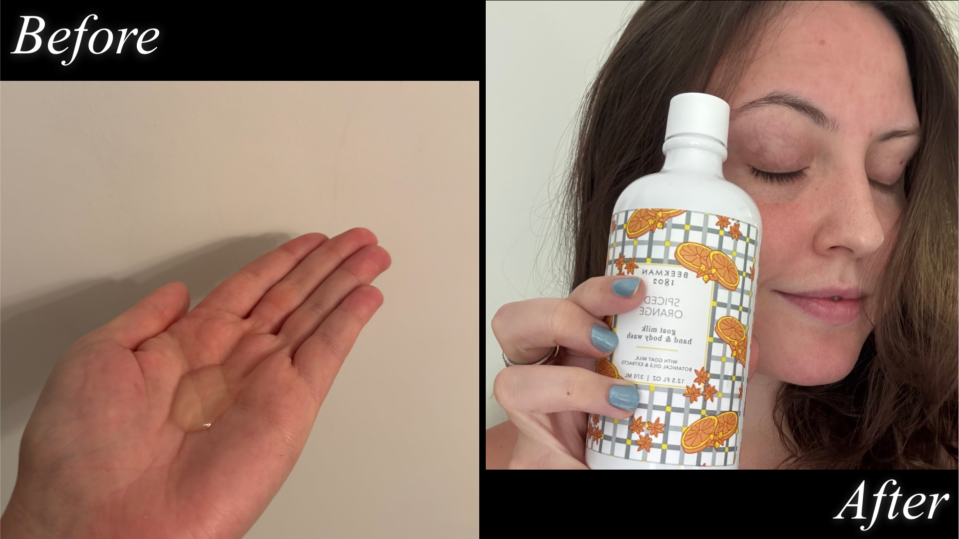 Contributing beauty writer Sophia Vilensky tests body wash with a photo of her hand and the product consistency and a photo of herself with the product.