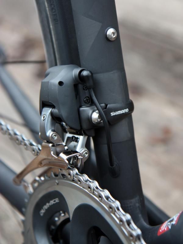 The seat tube is reinforced for the front derailleur clamp.
