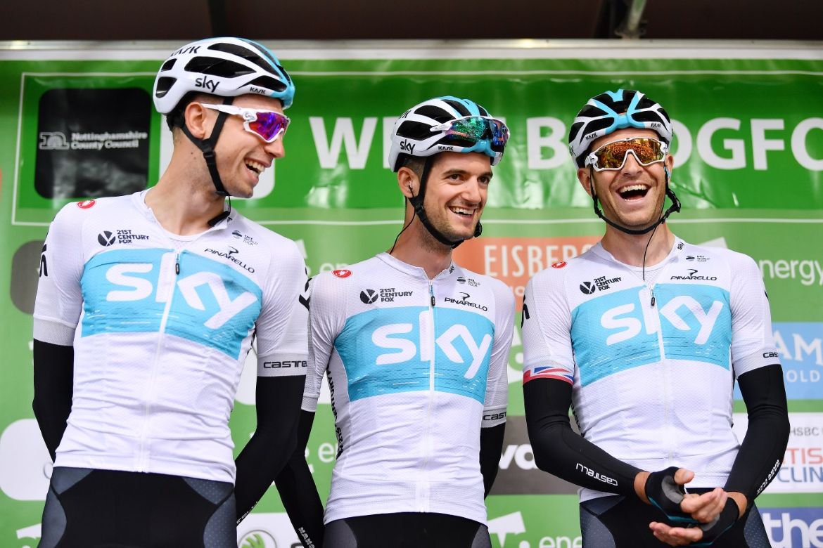 Team Sky share a laugh on the peloton