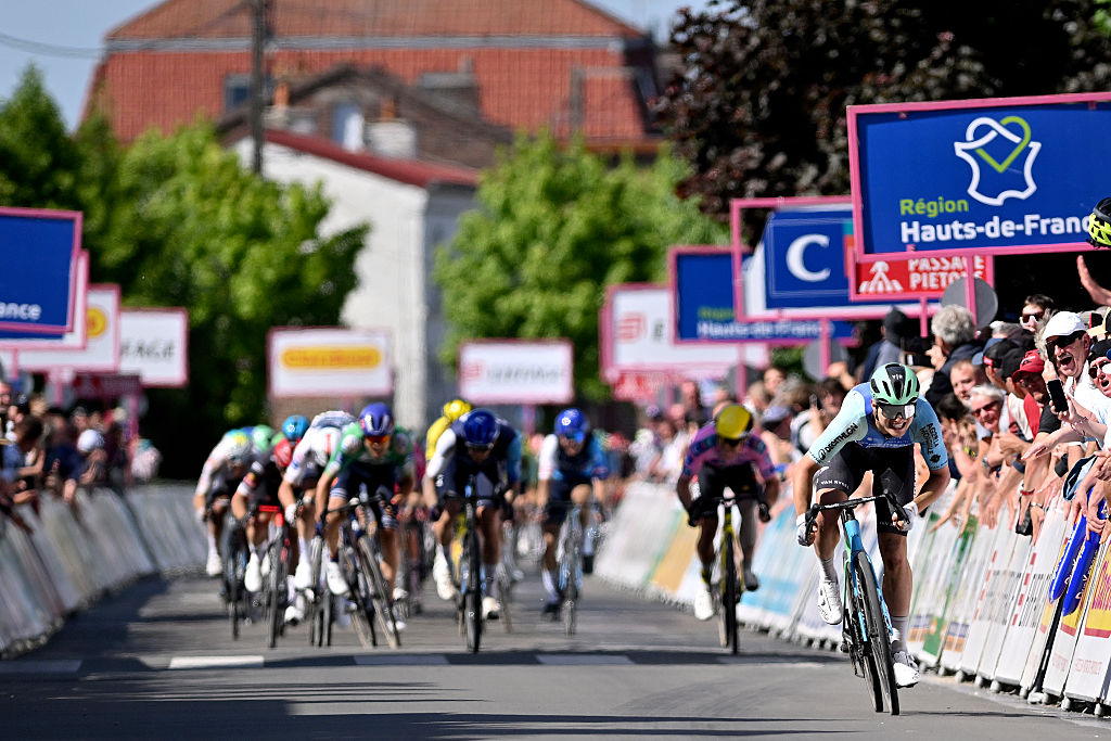 FAMARS FRANCE MAY 16 Stage winner Pierre Gautherat of France and Team Decathlon AG2R La Mondiale sprints at finish line during the 69th 4 Jours de Dunkerque Grand Prix des Hauts de France 2025 Stage 3 a 1542km stage from Valenciennes to Famars on May 16 2025 in Famars France Photo by Luc ClaessenGetty Images