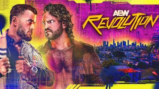 The poster for AEW Revolution 2026, featuring AEW World Champion MJF and 'Hangman' Adam Page