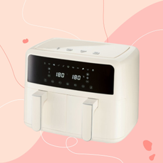 Silvercrest Beige Dual Basket Air Fryer on pink background