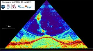 Researchers used multibeam sonar to find the underwater volcano. The reflected sonar waves revealed the outline of the underwater volcano (red) and the gassy plume rising from it.