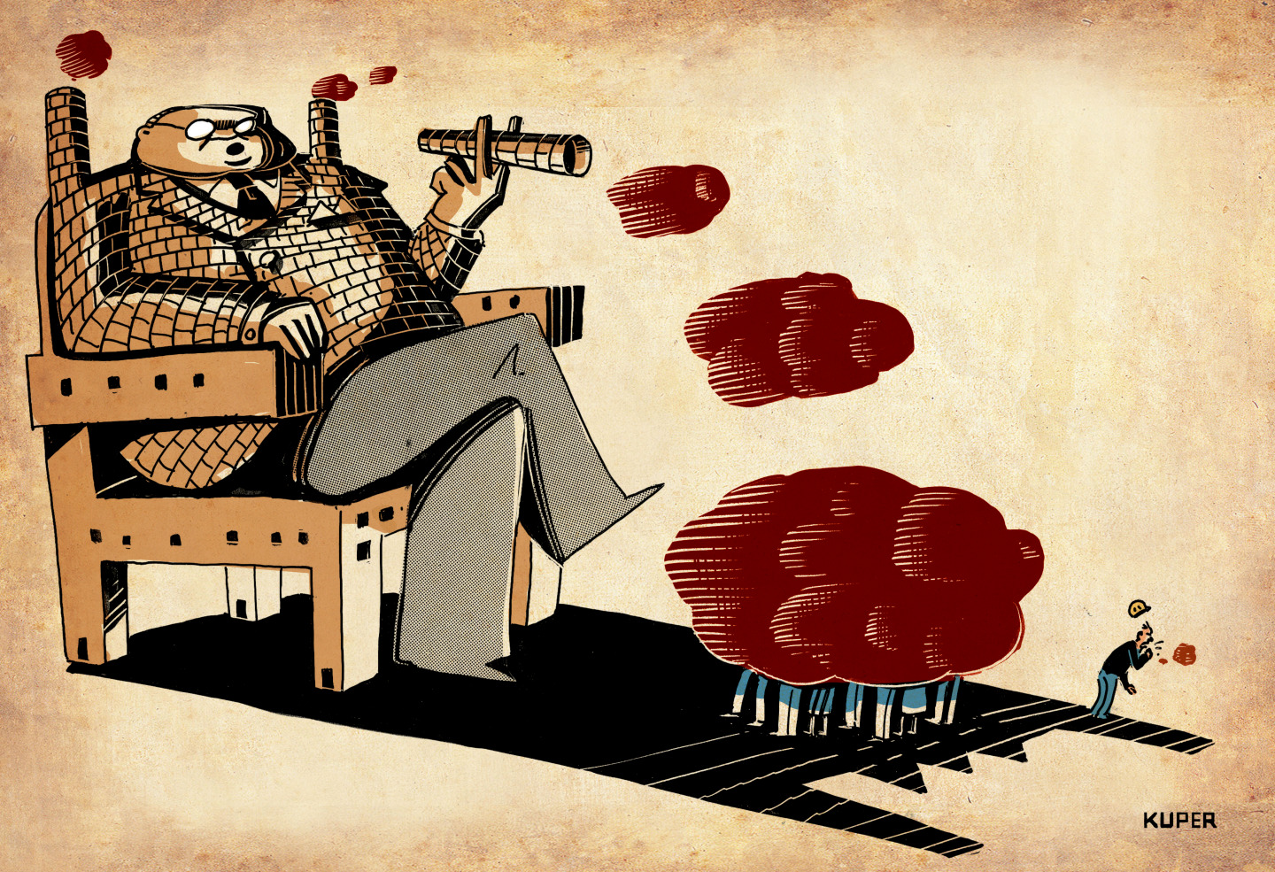 This wordless political cartoon depicts a man seated in a chair, smoking a cigar. The man and the chair are drawn in a clever way to resemble a factory made of bricks and concrete. His shoulders belch smoke and his cigar looks like a smokestack. The smoke he blows out collects down and covers people in a cloud of dark smoke. A man in a hardhat has stepped out of the smoke cloud and coughs more smoke.