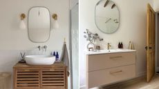 Two small bathroom with wooden vanities and round mirrors