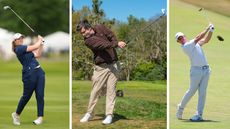 LPGA Tour player Lottie Woad, PGA Tour player Rory McIlroy and Joe Ferguson hitting iron shots on the golf course