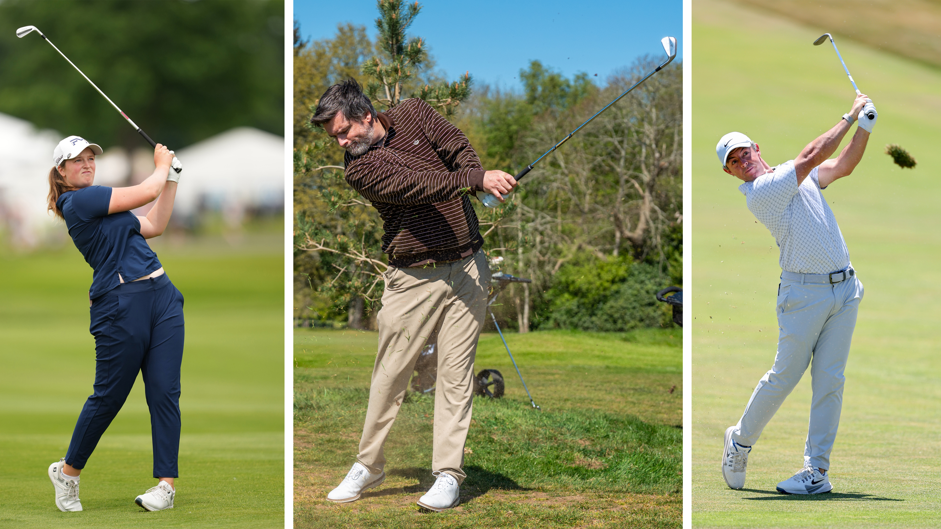 LPGA Tour player Lottie Woad, PGA Tour player Rory McIlroy and Joe Ferguson hitting iron shots on the golf course