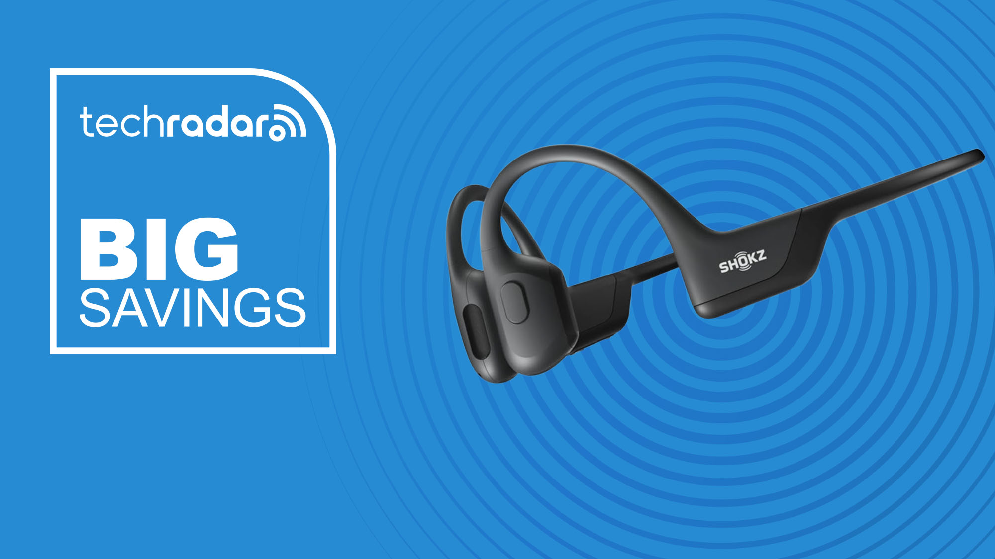 The Shokz OpenRun Pro on a blue background with text saying Big Savings.