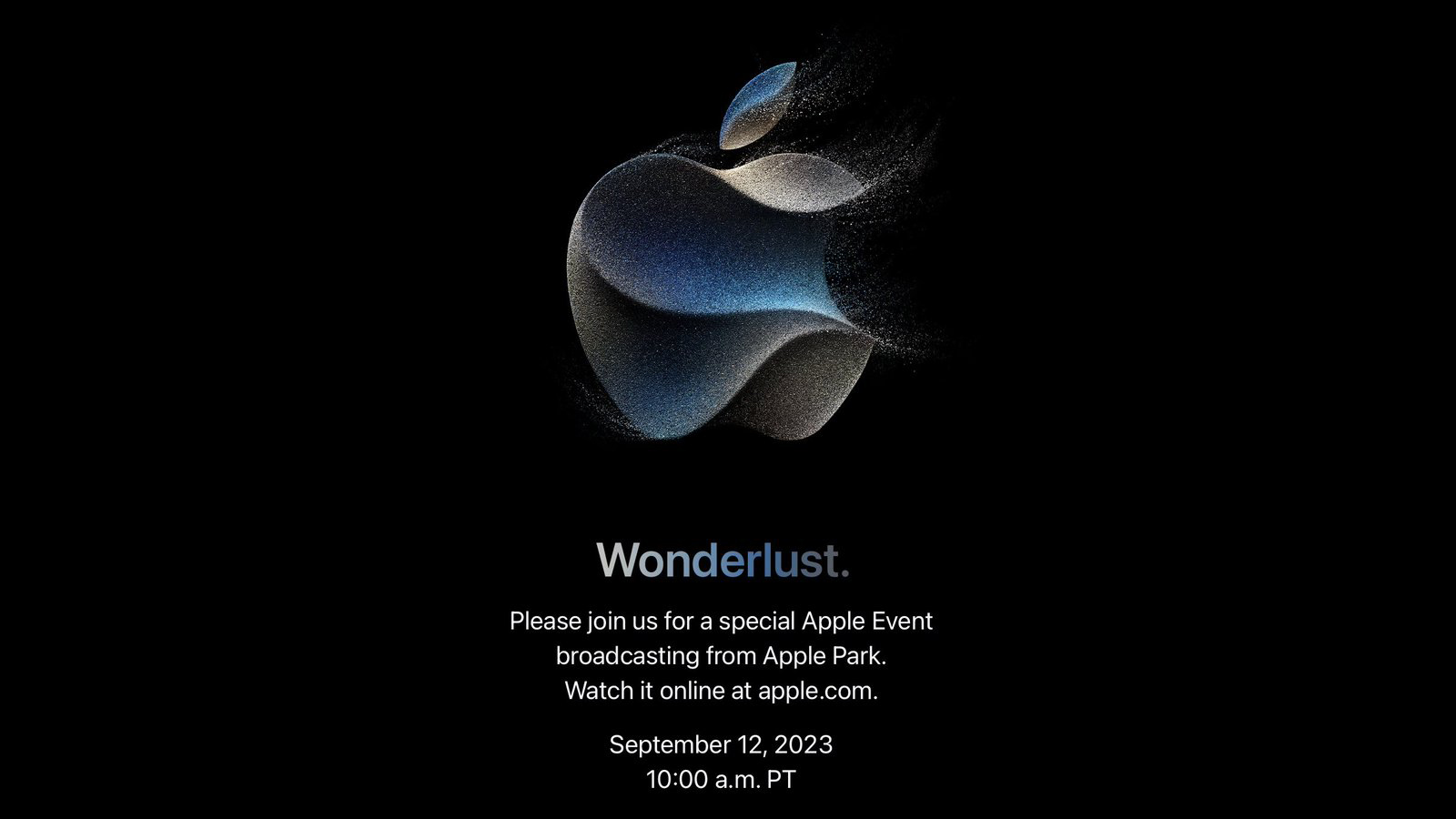 An invite for Apple's September 2023 event showing its logo made from sand