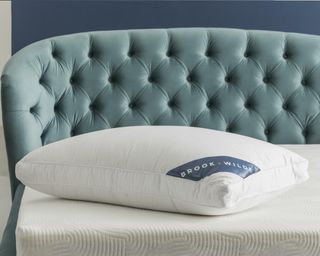 A goose-down pillow lying on a bed with a teal velvet headboard