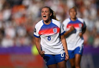 Georgia Stanway of England celebrates scoring her team's second goal during the UEFA Women's EURO 2025 Group D match between England and Netherlands at Stadion Letzigrund on July 09, 2025 in Zurich, Switzerland.