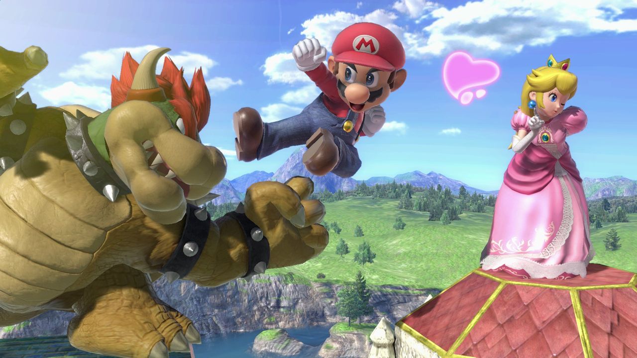 Screenshot from Super Smash Bros Ultimate featuring Bowser, Mario, and Peach fighting.
