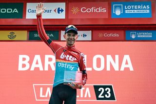 Andreas Kron on the top step off the podium after winning stage 2 of La Vuelta