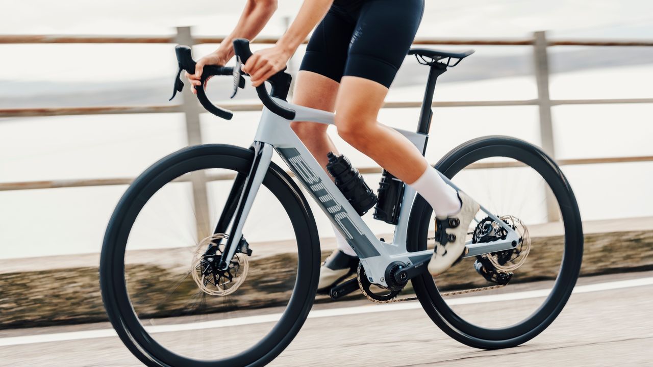 Image shows BMC&#039;s Roadmachine 01 AMP X e-bike in action