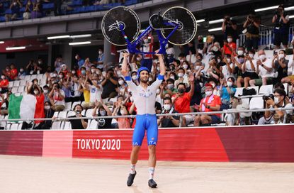 Filippo Ganna celebrates team pursuit gold at the Tokyo 2020 Olympic Games