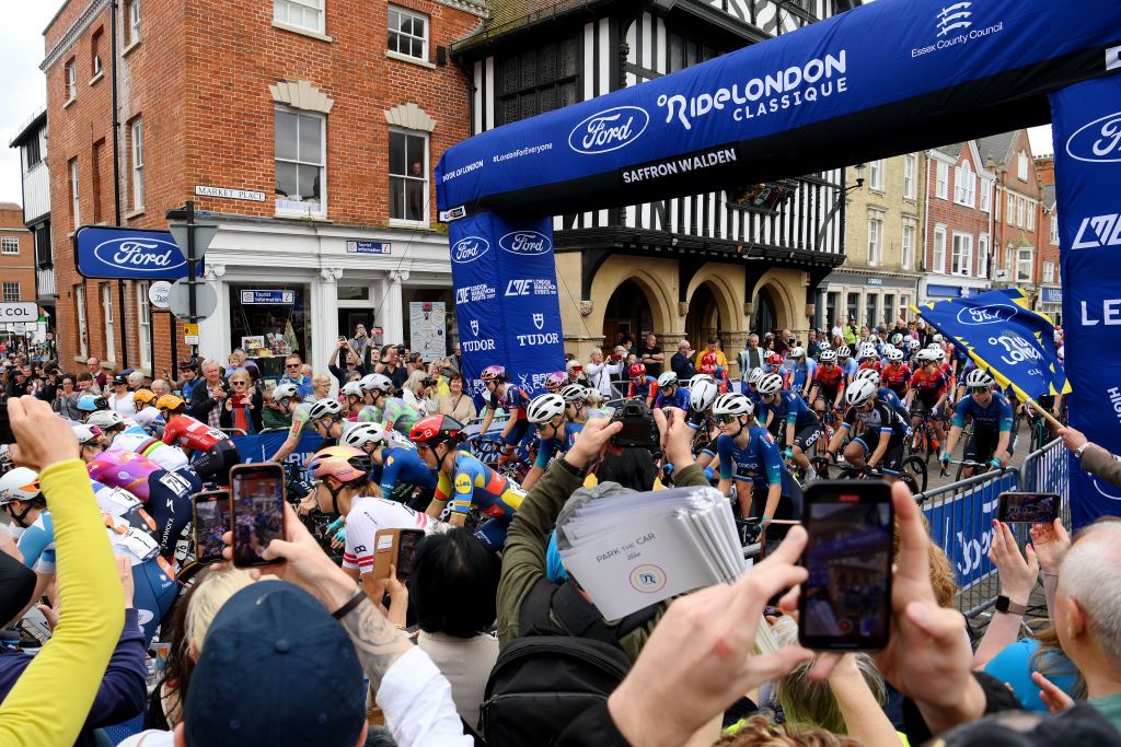 SAFFRON WALDEN ENGLAND MAY 24 A general view of the peloton prior to the 10th Ford RideLondon Classique 2024 Stage 1 a 1592km stage from Saffron Walden to Colchester UCIWWT on May 24 2024 in Saffron Walden England Photo by Alex BroadwayGetty Images
