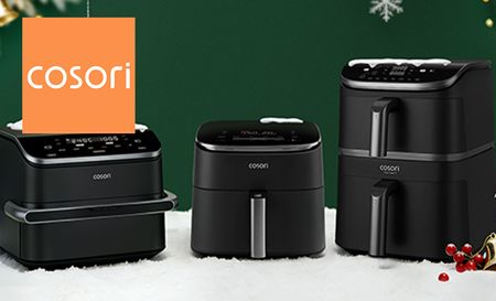 Cosori logo top left with an image of three airfryers
