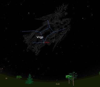 This sky map shows the location of the constellation Virgo, the Virgin, and its bright star Spica in the late evening sky as seen from mid-northern latitudes.