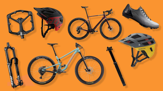 Various cycling products on an orange backdrop