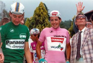 Robert Millar has claimed the Giro's mountains jersey while Stephen Roche has won the general classification at the 1987 edition.