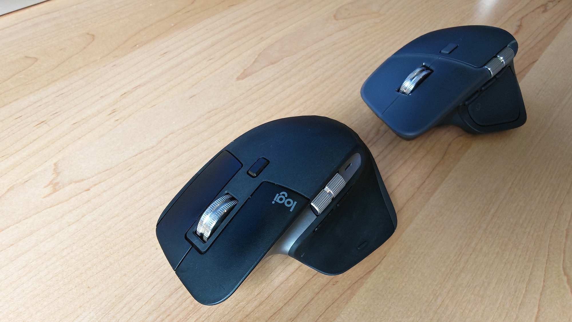 The Logitech MX Master 4 mouse, from different angles.