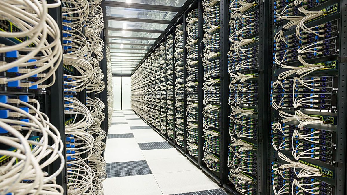 Data center racks with cables and servers