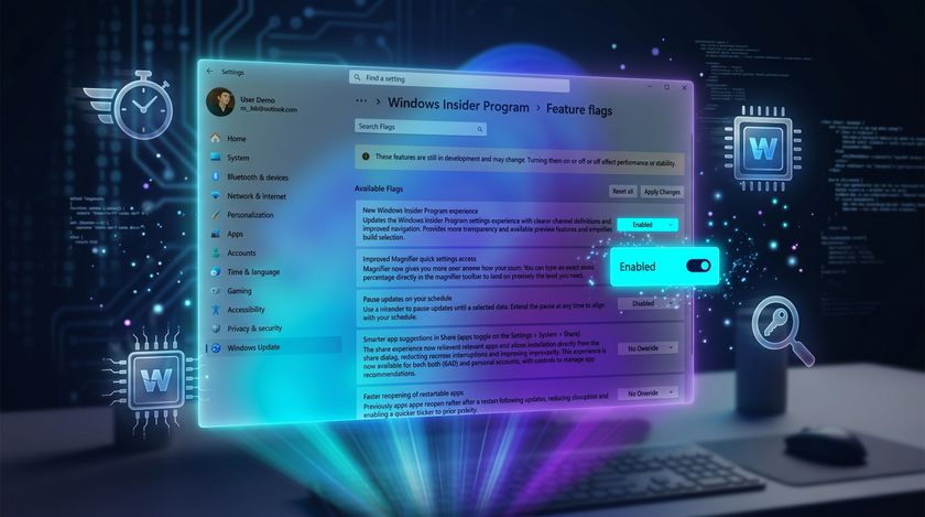 Windows Insider Program settings screen with feature flags. A highlighted toggle labeled 'Pause updates on your schedule' is switched on, set against a blue, futuristic background.