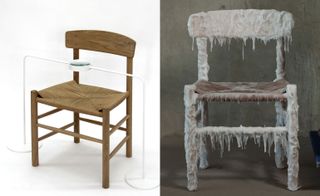 Two images: Left a classic wooden chair, Right, a classic wooden chair thick with ice