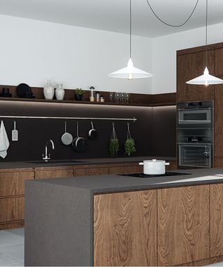 Modern kitchen ideas with dark worktops and splashback