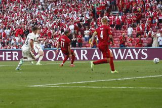 Belgium’s Kevin De Bruyne scores in Euro 2020 against Denmark