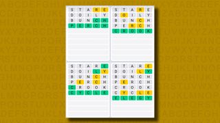 Quordle Daily Sequence answers for game 921 on a yellow background