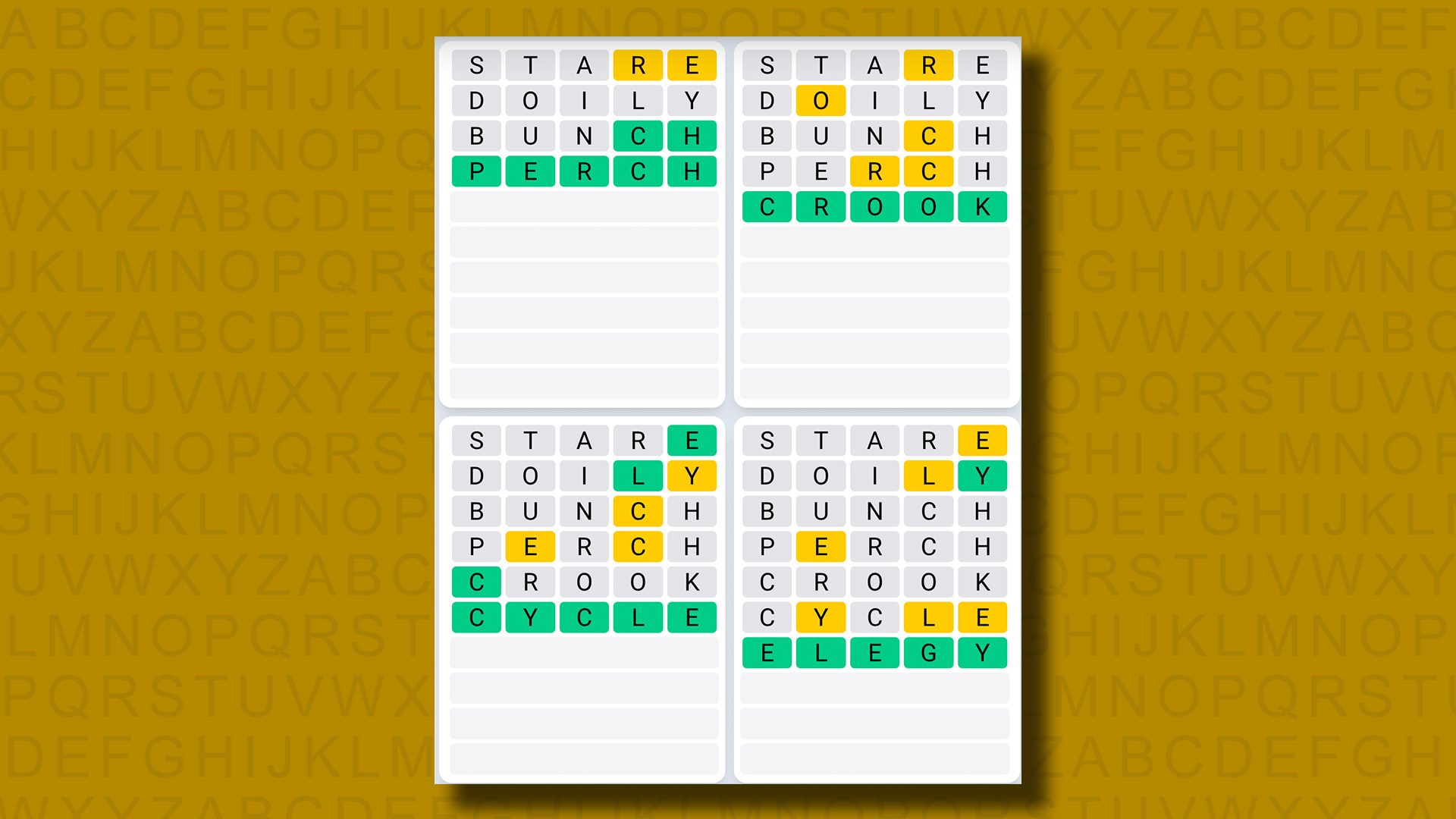 Quordle Daily Sequence Answers for Game 921 on a yellow background