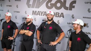 Tyrrell Hatton, Jon Rahm and their Legion XIII team speaking to the media at LIV Golf Mayakoba
