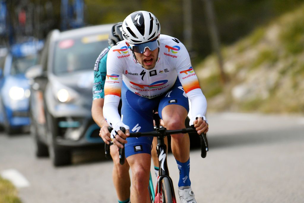 MANOSQUE FRANCE FEBRUARY 12 Paul Ourselin of France and Team Total Energies competes in the breakaway during the 6th Tour de La Provence 2022 Stage 2 a 1806km stage from Arles to Manosque 417m TDLP22 on February 12 2022 in Manosque France Photo by Luc ClaessenGetty Images