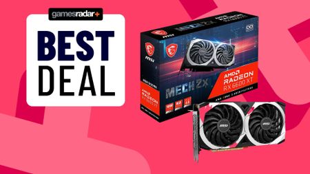AMD Radeon RX 6600 XT deal image with pink gamesradar background and "best deal" stamp