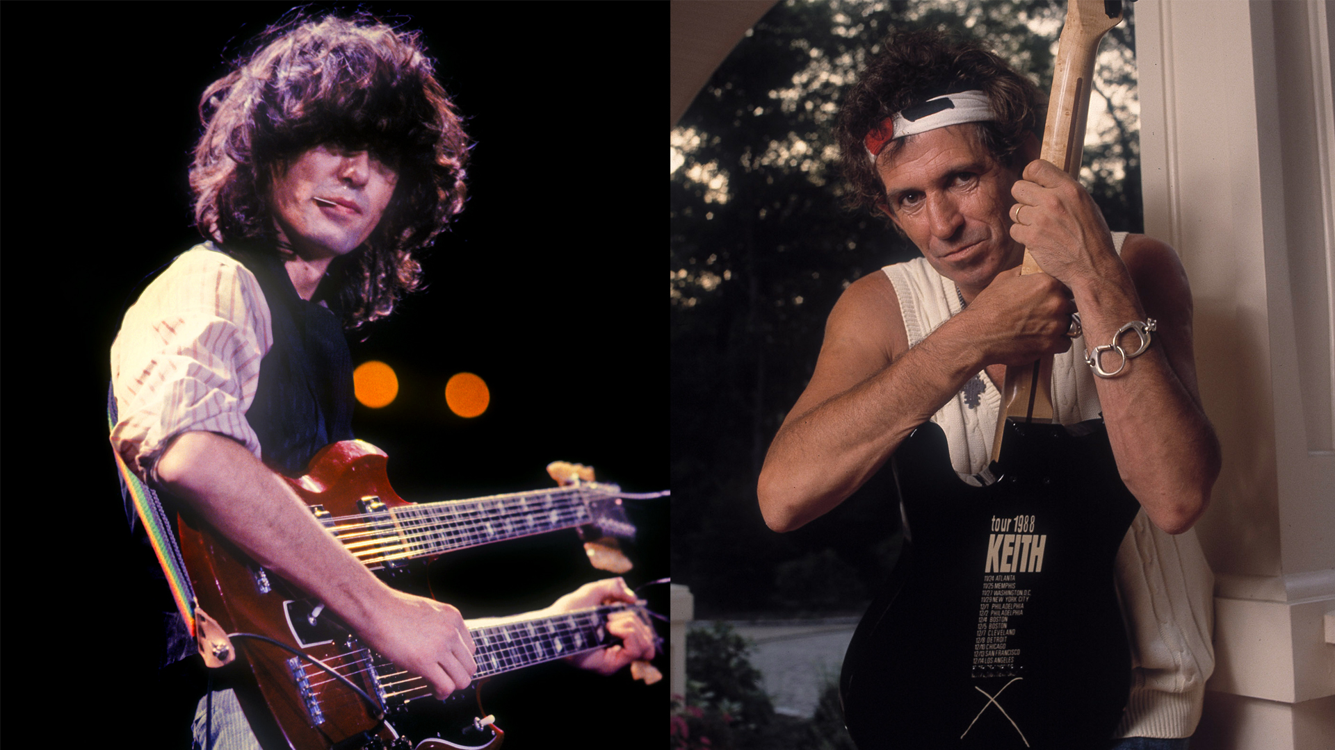 LEFT: JIMMY PAGE of Led Zeppelin performing live on the ARMS Benefit Tour at The Fabulous Forum in Los Angeles, CA USA on December 5, 1983. RIGHT: Portrait of British musician Keith Richards as he holds a guitar and poses on a porch, around the time of his 'Talk is Cheap' tour, late 1988.
