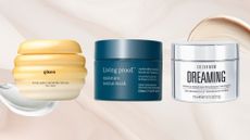 Collage of three of the best hair masks featured in this guide from (left to right) Gisou, Living Proof and Color Wow, set against a pale pink fabric style background with two product swatches