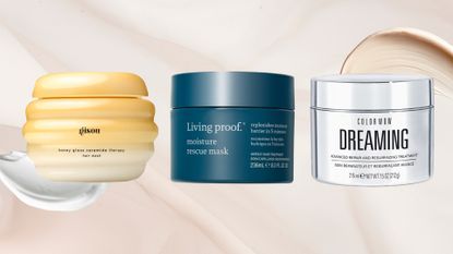 Collage of three of the best hair masks featured in this guide from (left to right) Gisou, Living Proof and Color Wow, set against a pale pink fabric style background with two product swatches